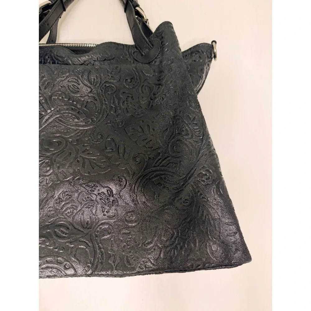 Isadora Italy Black Embossed Floral Leather Hobo Bag Slouchy Shoulder Tote Large